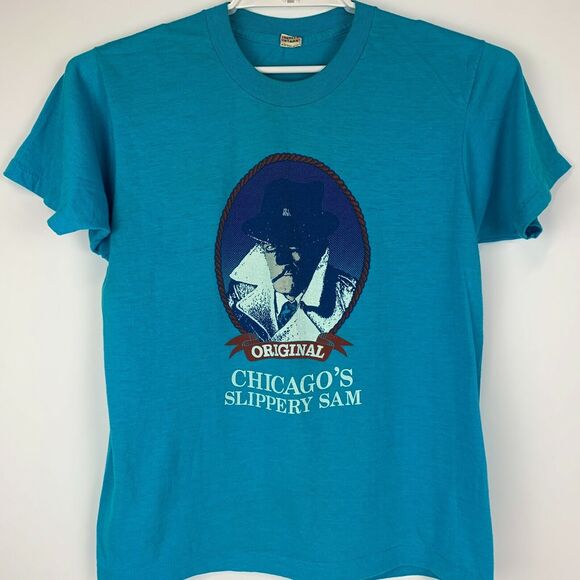 Vintage Chicago Slippery Sam T Shirt Mens Medium Made In USA 80s Tee Blue - Picture 2 of 6